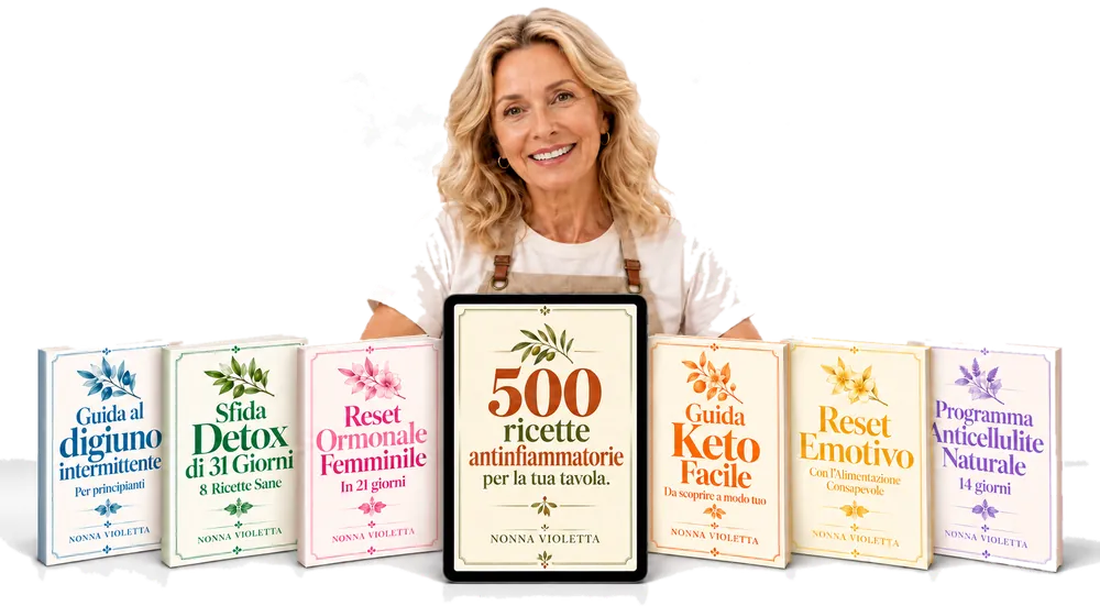 Composizione illustrativa di Nonna Violetta con la copertina delle 500 ricette e i sei bonus digitali